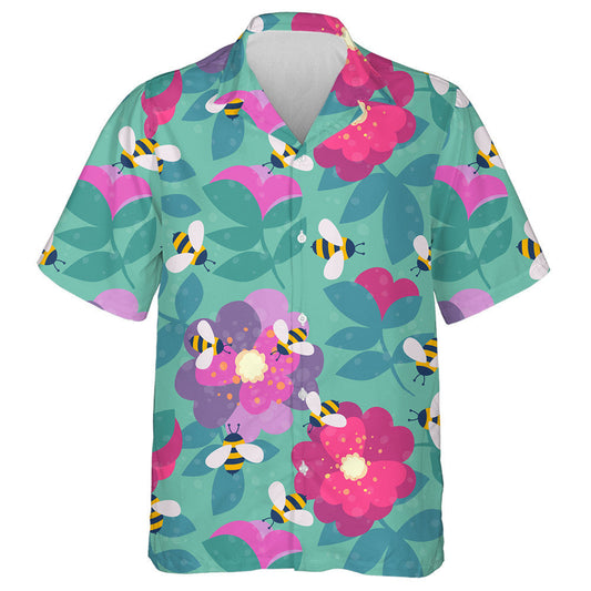 Hand Drawn Cartoon Bee And Pink Flowers Hawaiian Shirt, Hawaiian Shirt Gift, Christmas Gift