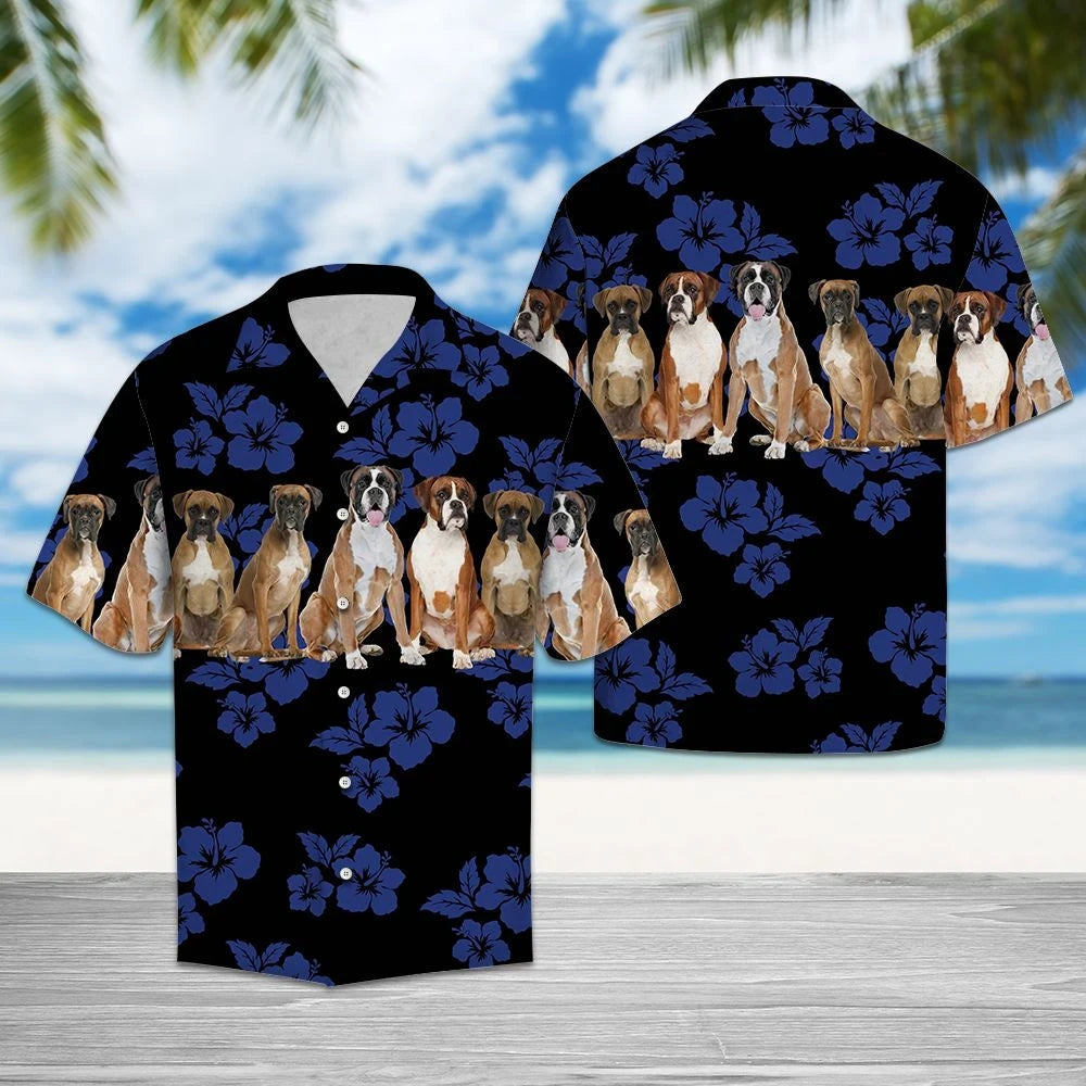 Hawaiian Shirt Blue Hibiscus With Boxer Dogs In Black, Hawaiian Shirt Gift, Christmas Gift