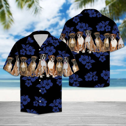 Hawaiian Shirt Blue Hibiscus With Boxer Dogs In Black, Hawaiian Shirt Gift, Christmas Gift
