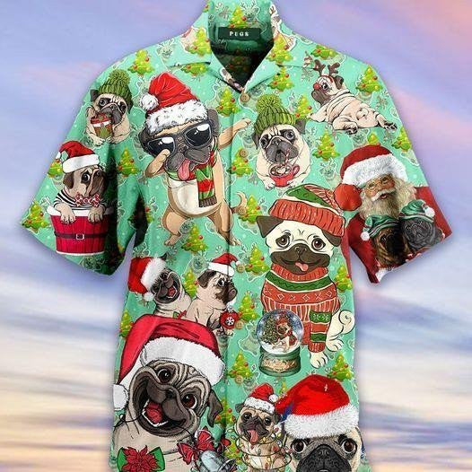 Happy Santa Pug In Christmas Days Green Theme Hawaiian Shirt, Hawaiian Shirt Gift, Christmas Gift