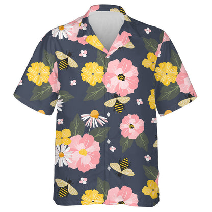 Summer Cartoon Bees With Cottage Garden Flowers Hawaiian Shirt, Hawaiian Shirt Gift, Christmas Gift