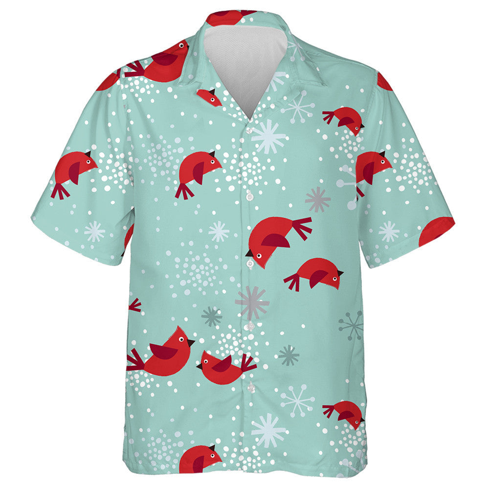 Red Cardinal Bird And Snowflake Green Background Hawaiian Shirt, Hawaiian Shirt Gift, Christmas Gift