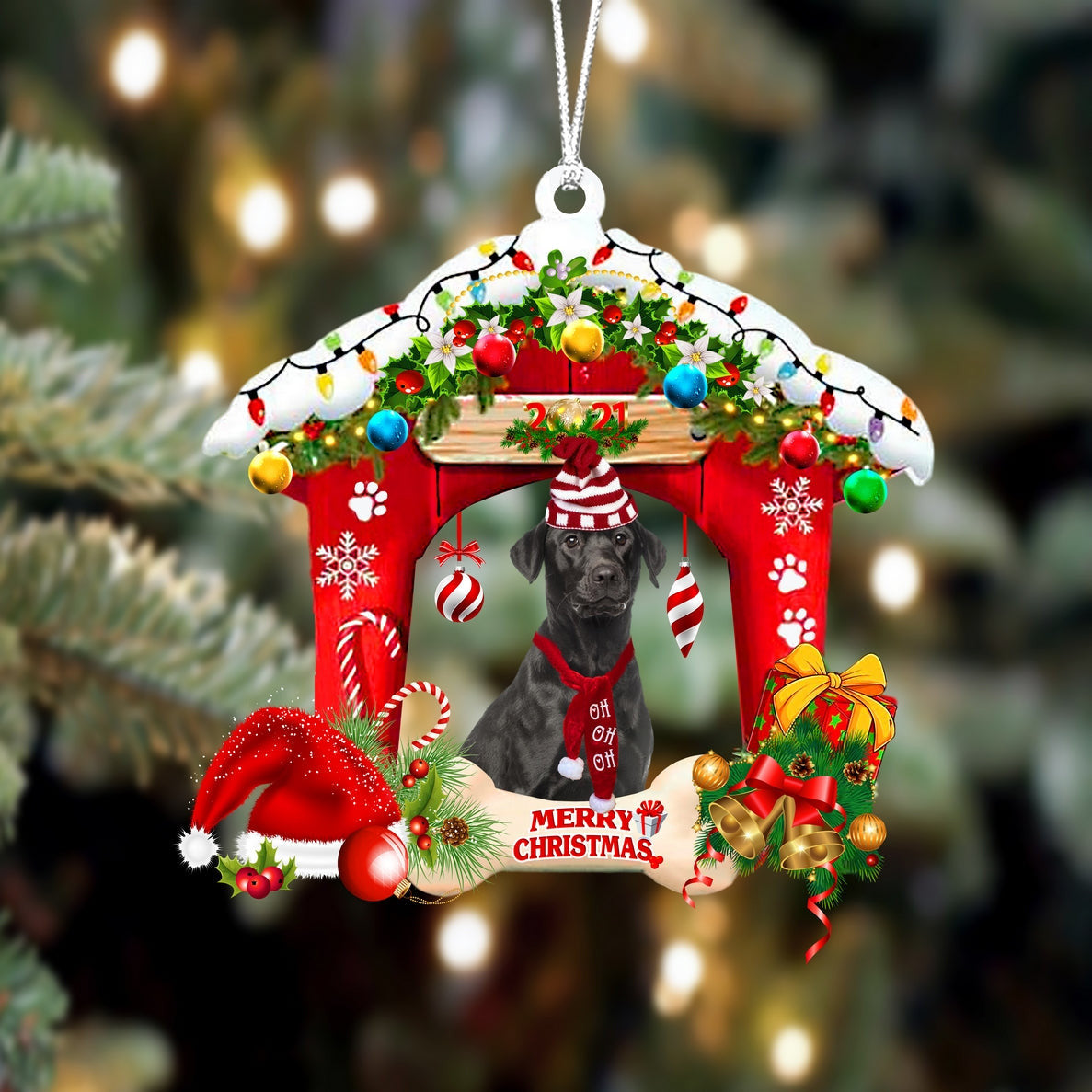 Black Labrador-Christmas House Two Sided Christmas Plastic Hanging Ornament, Christmas Ornament Gift, Christmas Gift, Christmas Decoration