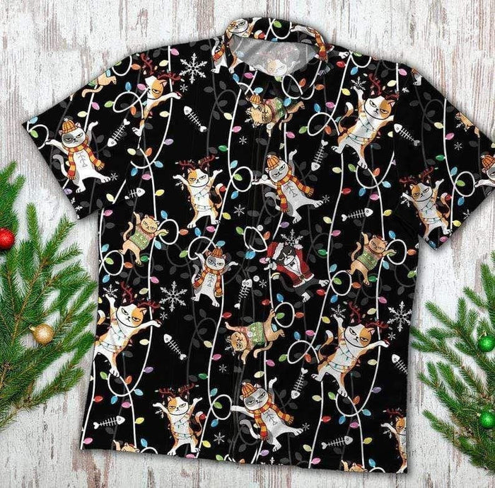 Funny Cat Christmas Santa With Colorful Lights Hawaiian Shirt, Hawaiian Shirt, Christmas Gift