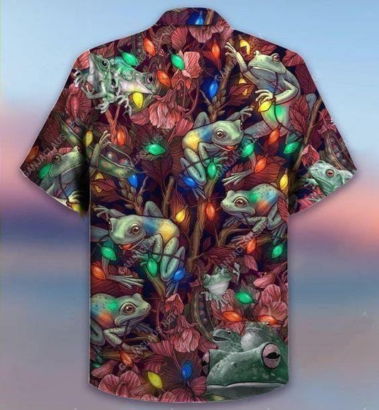 Soilse Dathúla na Nollag Frog Dearadh Stíl Vintage Léine Haváís, Bronntanas Léine Haváís, Bronntanas Nollag.