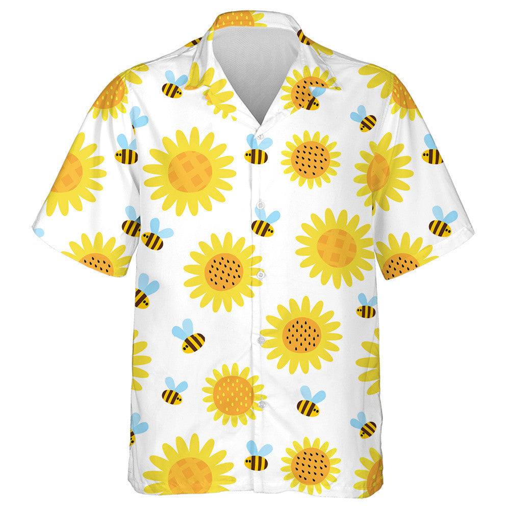Bees Flying Cartoon With Plaid Sunflower Illustration Hawaiian Shirt, Hawaiian Shirt Gift, Christmas Gift