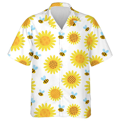 Bees Flying Cartoon With Plaid Sunflower Illustration Hawaiian Shirt, Hawaiian Shirt Gift, Christmas Gift