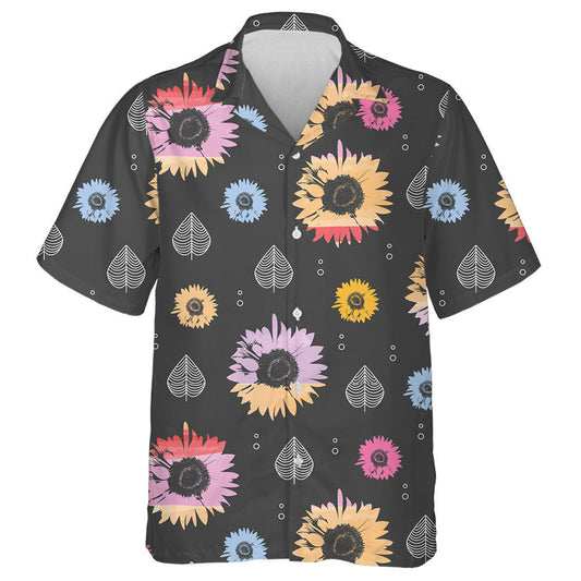 Colorful Sunflowers And Elliptical Leaves On Dark Background Hawaiian Shirt, Hawaiian Shirt Gift, Christmas Gift