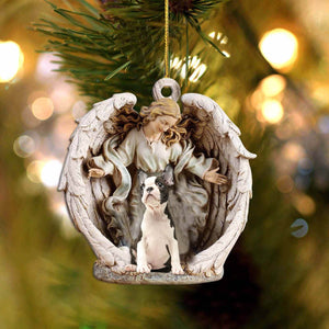 boston-Angel Hug Winter Love Two Sided Christmas Plastic Hanging Ornament, Christmas Ornament Gift, Christmas Gift, Christmas Decoration