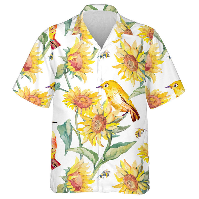 Wonderful Watercolor Art Of White-Eye Bird And Sunflower Hawaiian Shirt, Hawaiian Shirt Gift, Christmas Gift