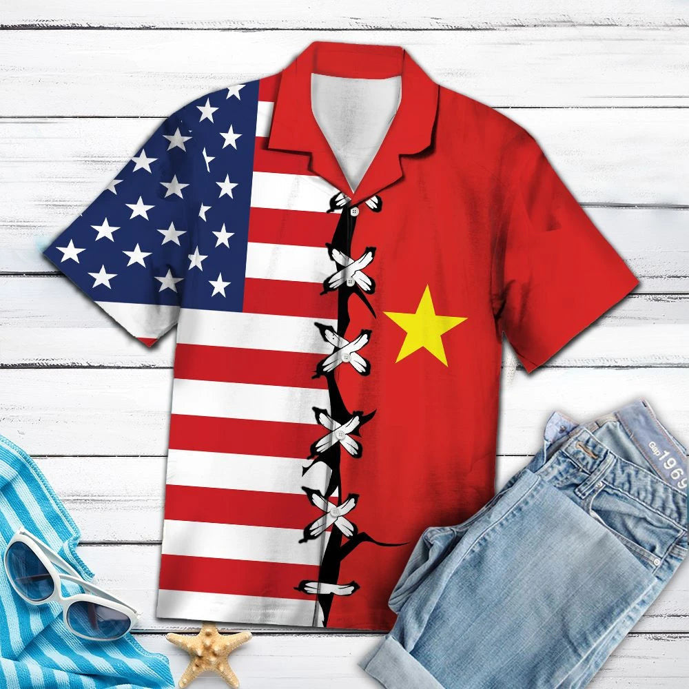 Vietnam And American Flag Mixed Hawaiian Shirt, Hwaiian For Gift