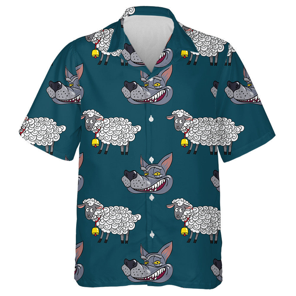 Smiling Wolf Face And Nice Lamb Hawaiian Shirt,Hawaiian Shirt Gift, Christmas Gift