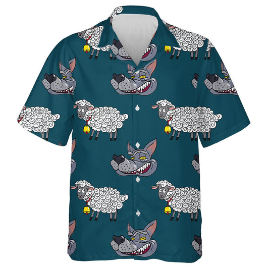 Smiling Wolf Face And Nice Lamb Hawaiian Shirt,Hawaiian Shirt Gift, Christmas Gift