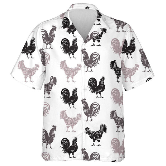 Chickens Farm Cockerel Monochrome On White Background Hawaiian Shirt, Hawaiian Shirt Gift, Christmas Gift