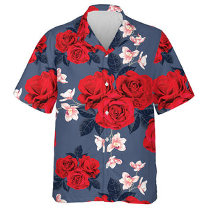 Botanical Scarlet Red Rose Pink Flower Branch Design Hawaiian Shirt, Hawaiian Shirt Gift, Christmas Gift