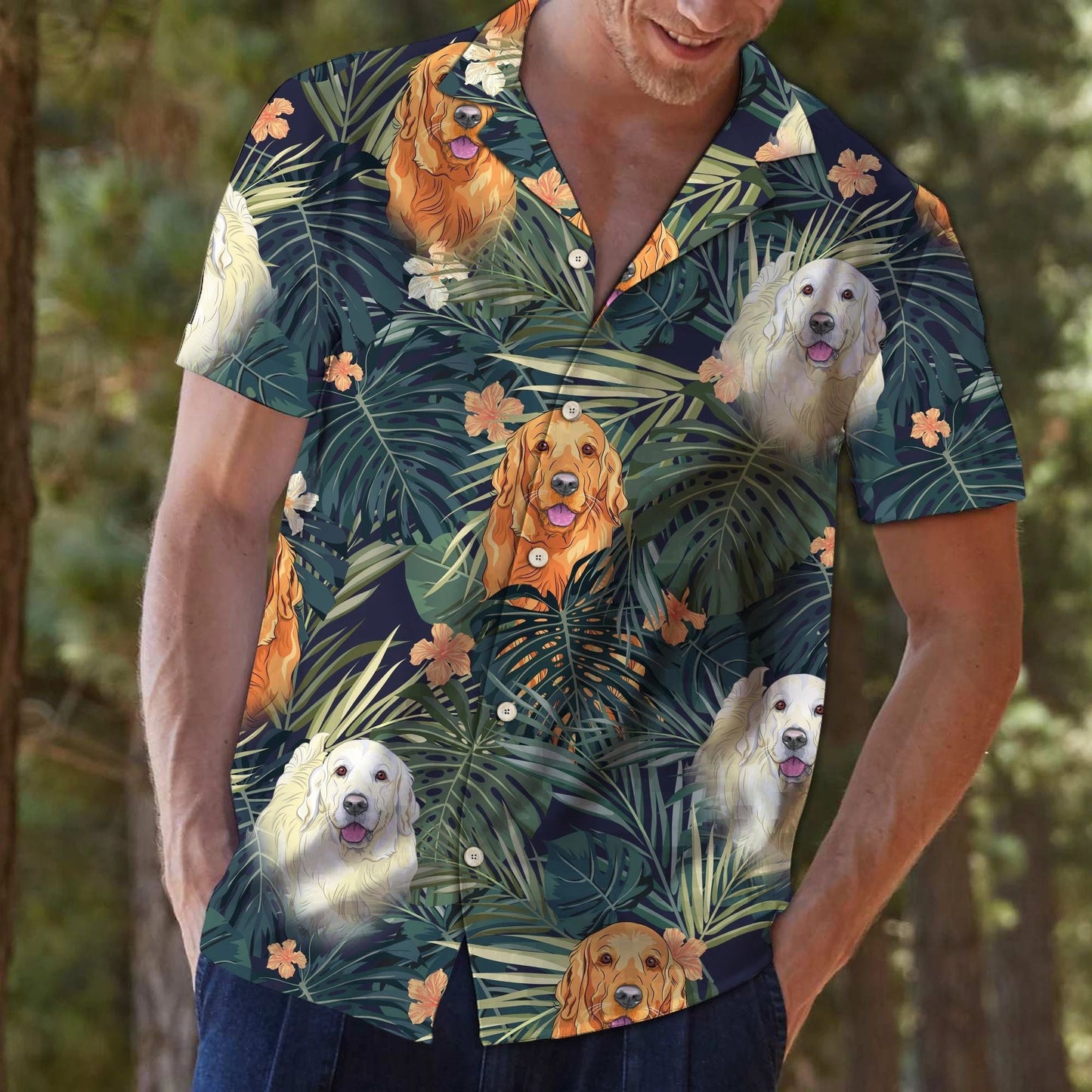Nice Golden Retriever Among Flowers And Leaves Hawaiian Shirt, Hawaiian Shirt Gift, Christmas Gift
