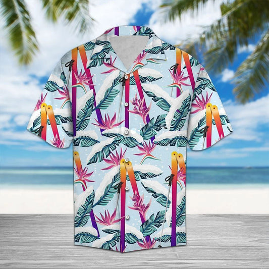 Awesome Skiing Palm Leaves With Snow Pattern Hawaiian Shirt, Hawaiian Shirt Gift, Christmas Gift