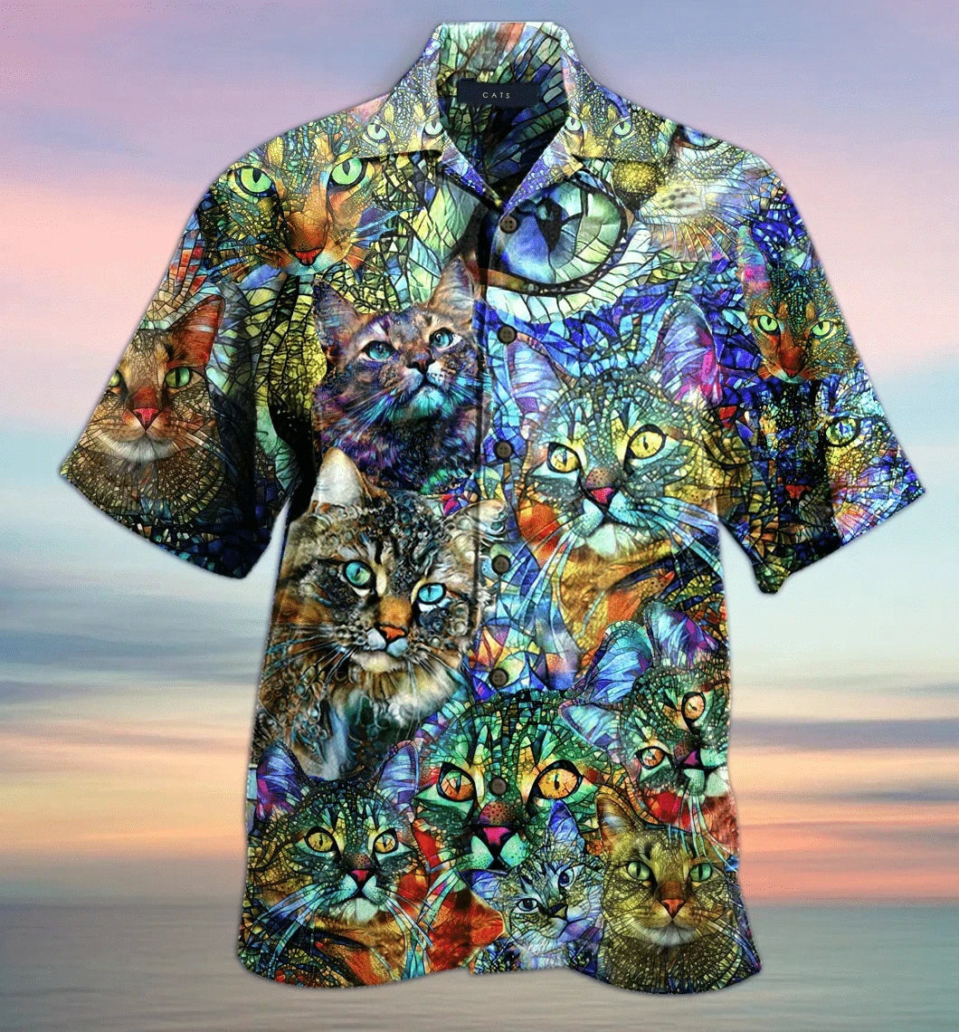 Vibrant Kaleidoscope Cat Design Hawaiian Shirt, Hwaiian For Gift