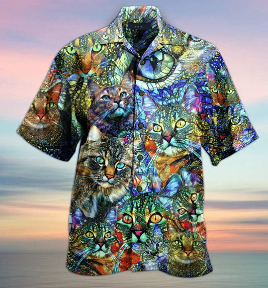 Vibrant Kaleidoscope Cat Design Hawaiian Shirt, Hwaiian For Gift