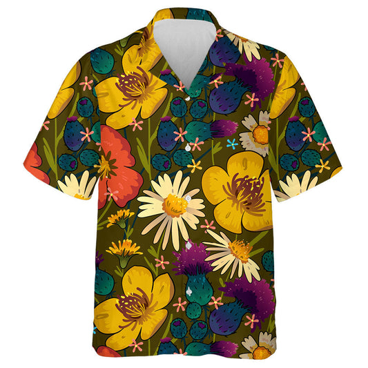 Retro Yellow Orange Blue Wildflowers Field Hawaiian Shirt,Hawaiian Shirt Gift, Christmas Gift