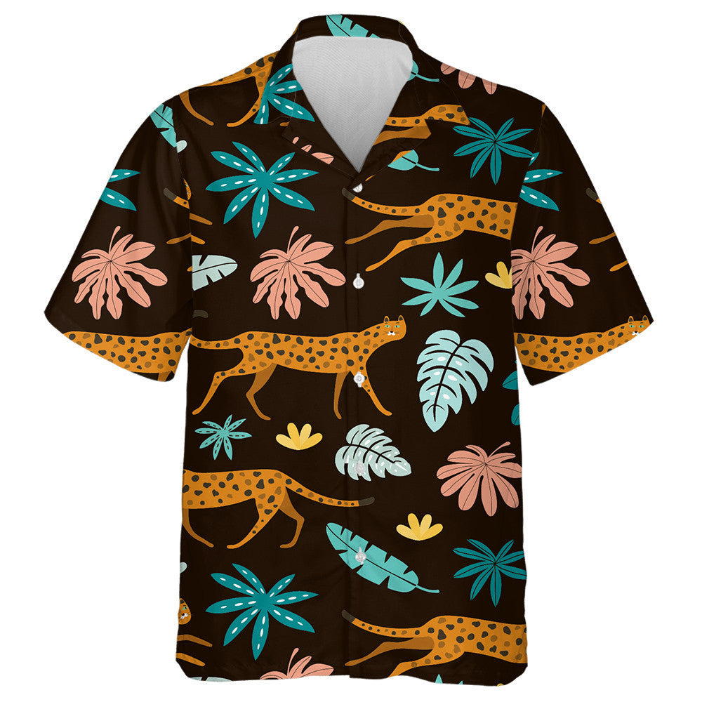 Leopards And Tropical Leaves On Black Background Hawaiian Shirt, Hawaiian Shirt Gift, Christmas Gift