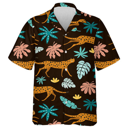 Leopards And Tropical Leaves On Black Background Hawaiian Shirt, Hawaiian Shirt Gift, Christmas Gift