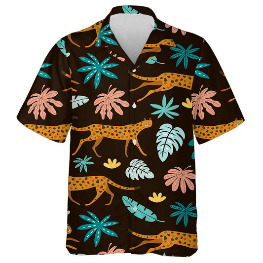 Leopards And Tropical Leaves On Black Background Hawaiian Shirt, Hawaiian Shirt Gift, Christmas Gift