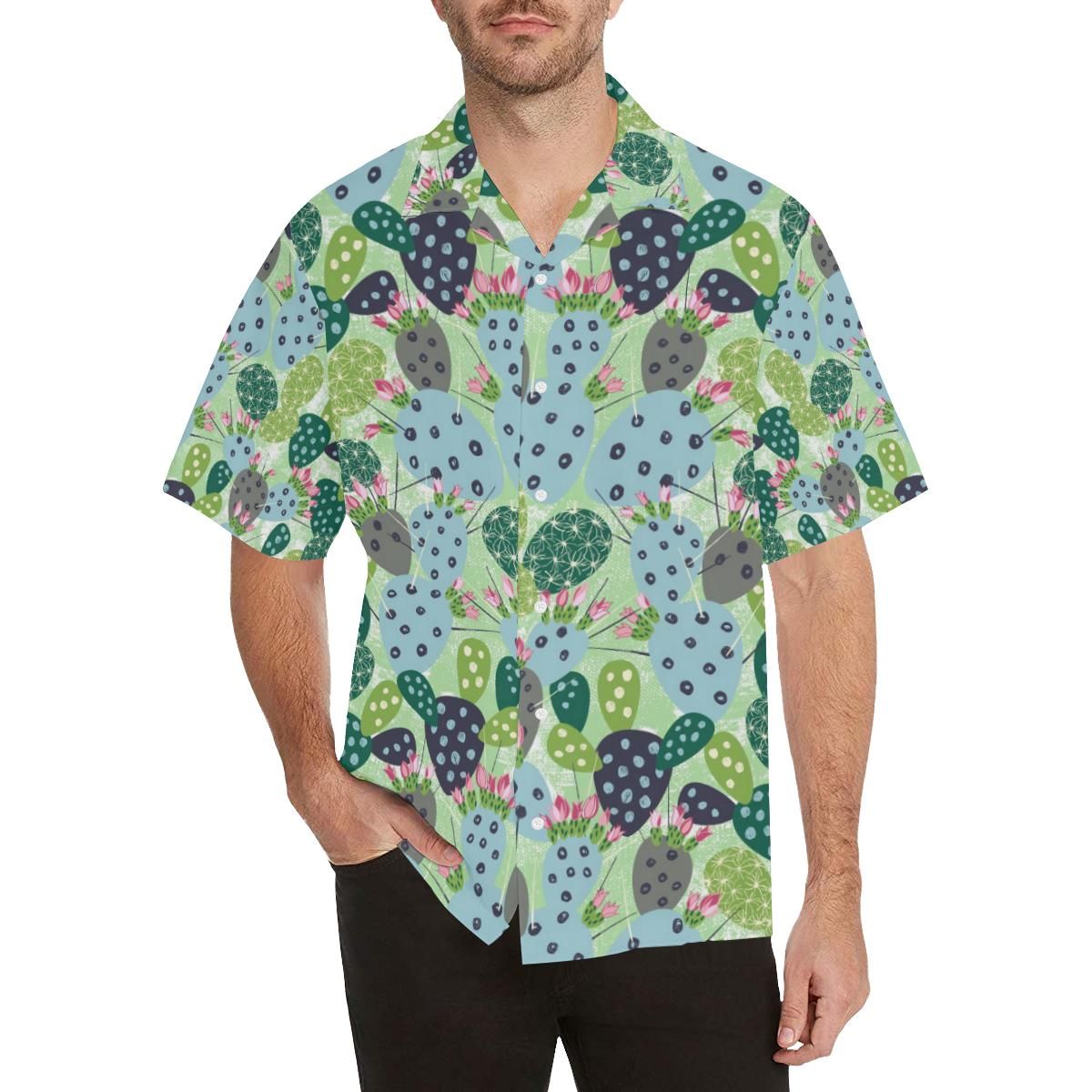 Cactus Pattern Background Men's All Over Print Hawaiian Aloha Shirt Hawaiian Shorts Beach Short Sleeve, Hawaiian Shirts -Hawaiian Shirt Gift, Christmas Gift