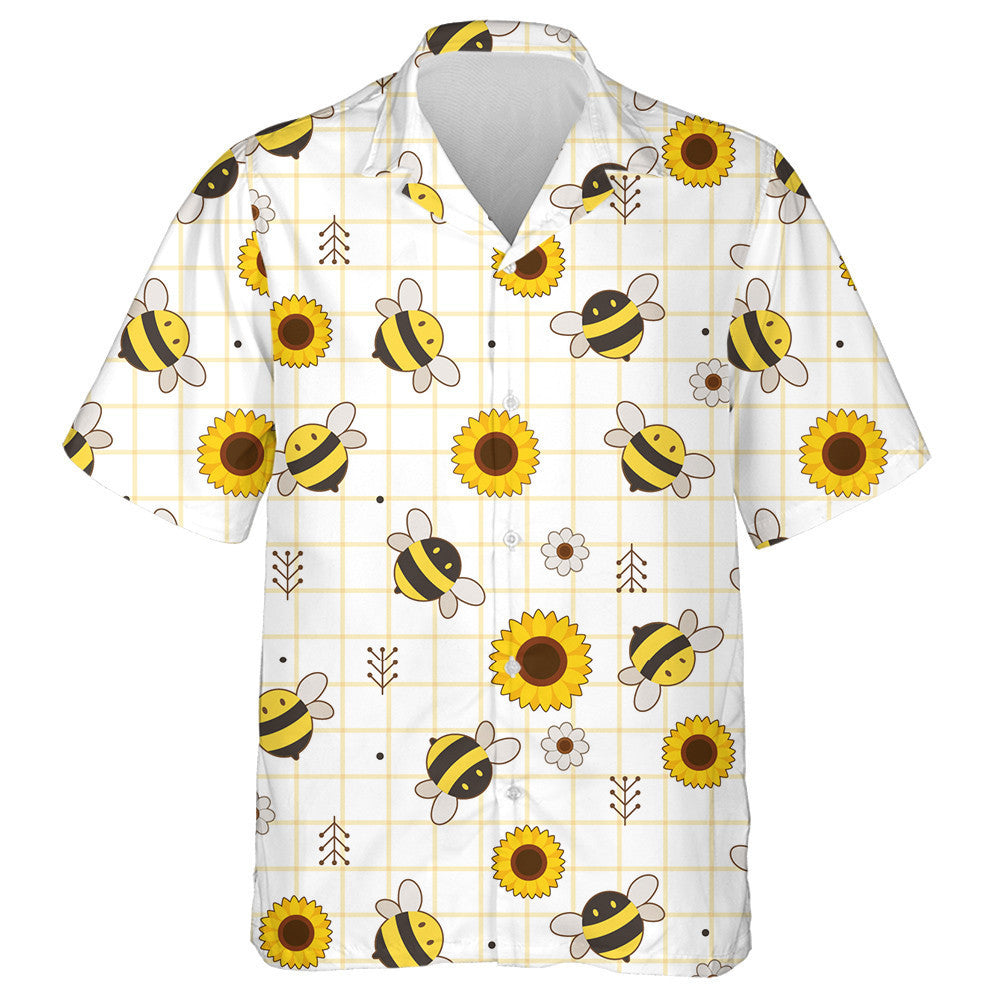 Natural Cartoon Bees And Blooming Sunflower Hawaiian Shirt,Hawaiian Shirt Gift, Christmas Gift