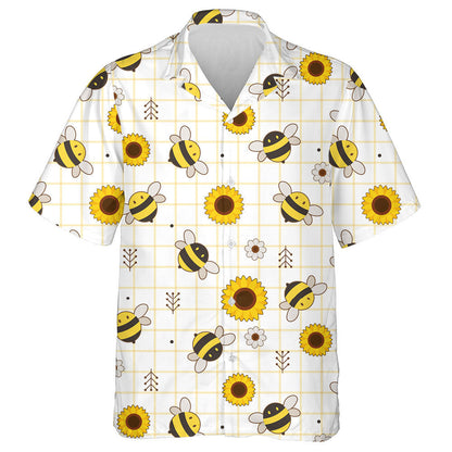 Natural Cartoon Bees And Blooming Sunflower Hawaiian Shirt,Hawaiian Shirt Gift, Christmas Gift