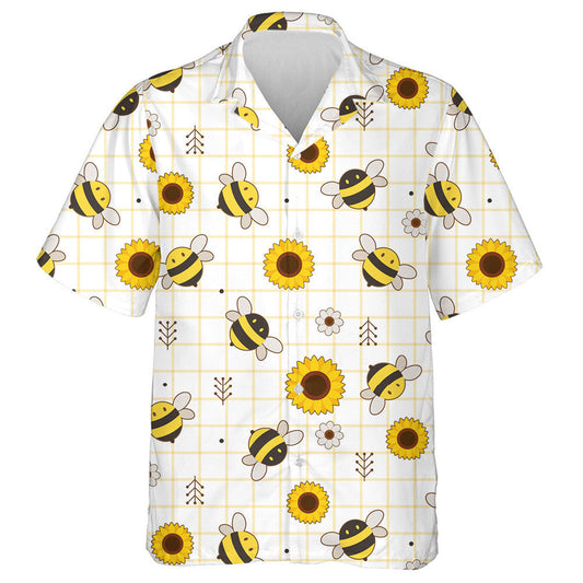 Natural Cartoon Bees And Blooming Sunflower Hawaiian Shirt,Hawaiian Shirt Gift, Christmas Gift