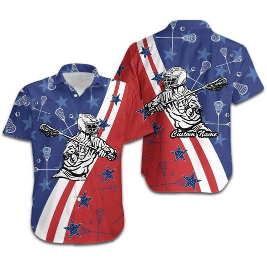Lacrosse Player American Flag Custom Name Hawaiian Shirt,Hawaiian Shirt Gift, Christmas Gift
