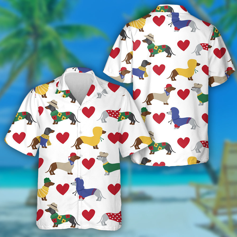 Theme Dachshund And Red Hearts On White Hawaiian Shirt, Hawaiian Shirt Gift, Christmas Gift