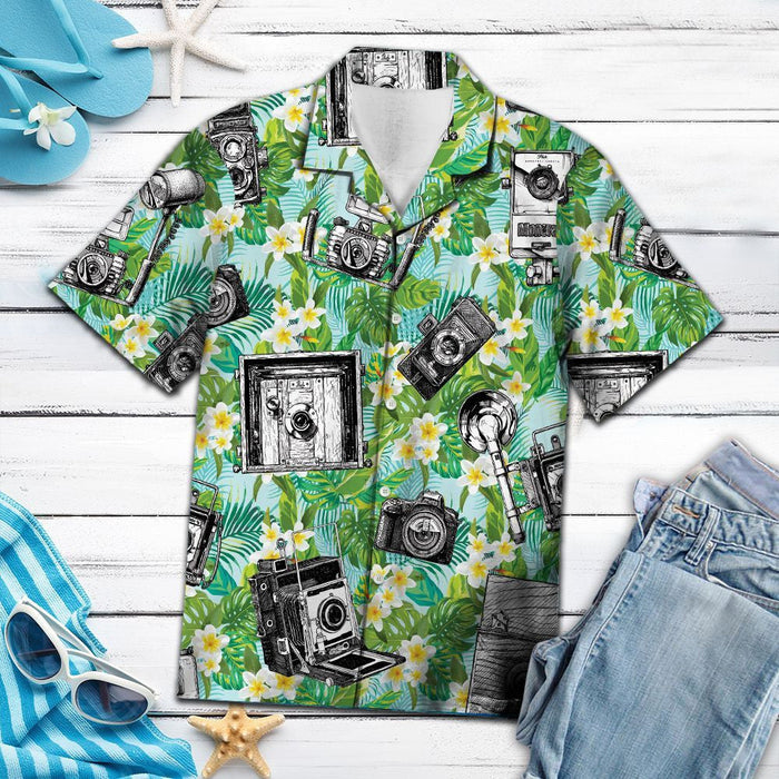 Vintage Camera Photographer On Tropical Hibiscus And Leaves Pattern Hawaiian Shirt, Hawaiian Shirt Gift, Christmas Gift