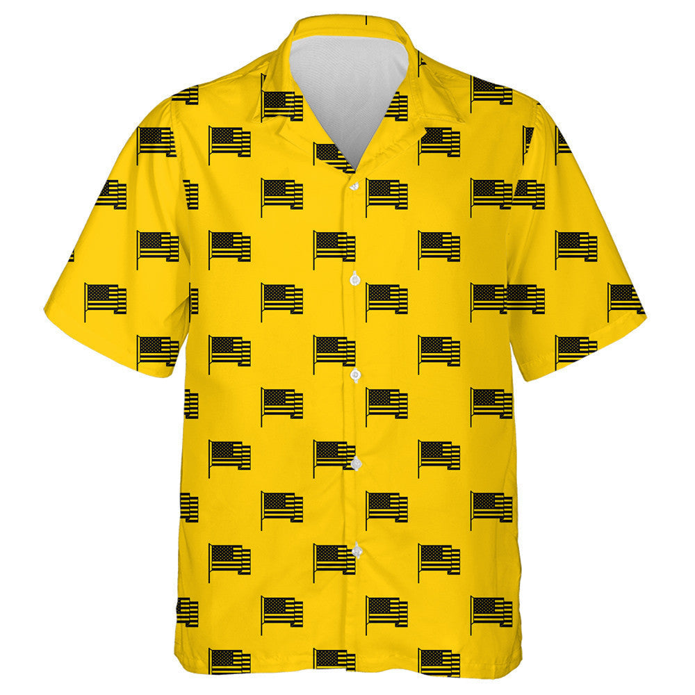Black And Yellow American Flag Pattern Hawaiian Shirt, Hawaiian For Gift