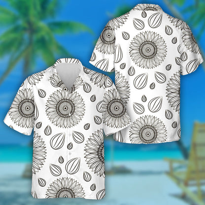 Repeating Hand Drawn Sunflowers Flower And Seeds Hawaiian Shirt, Hawaiian Shirt Gift, Christmas Gift