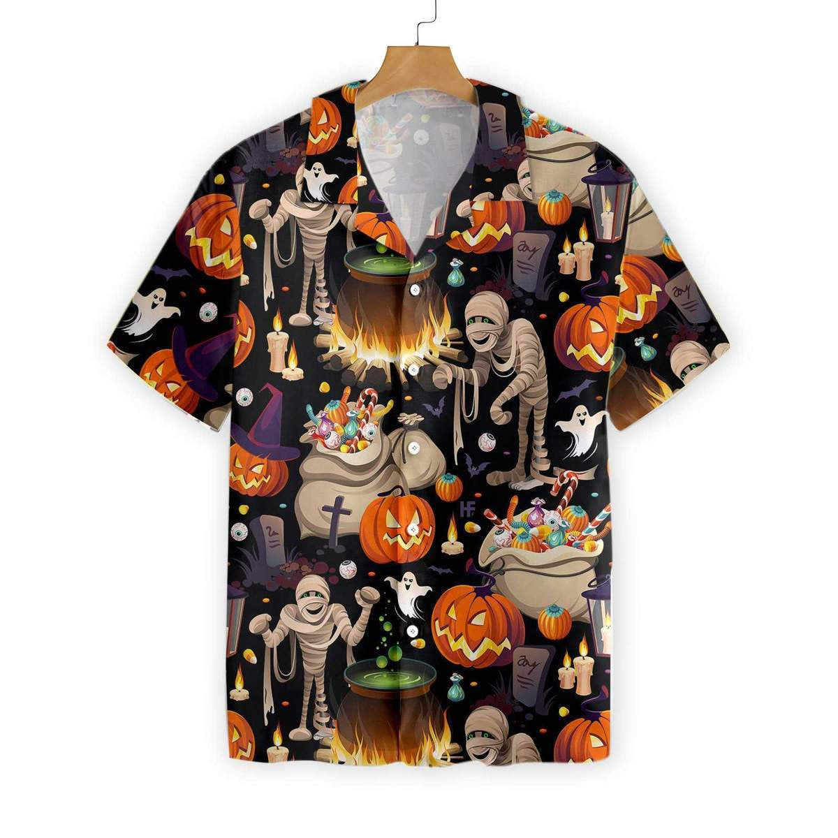 Halloween Mummy And Bags Of Sweets Pattern Hawaiian Shirt, Hawaiian Shirt Gift, Christmas Gift