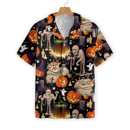Halloween Mummy And Bags Of Sweets Pattern Hawaiian Shirt, Hawaiian Shirt Gift, Christmas Gift