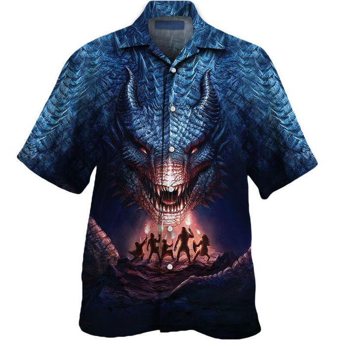 Blue Dragon Fighting People Pattern Hawaiian Shirt, Hawaiian For Gift