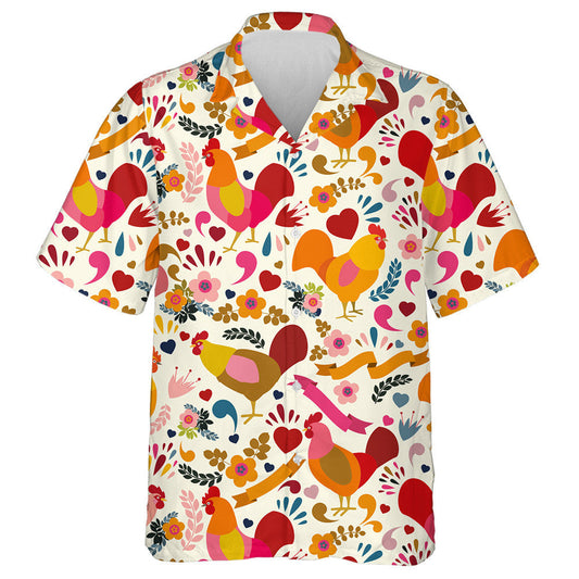 Colorful Chicken With Heast And Tropical Plants Hawaiian Shirt, Hawaiian Shirt Gift, Christmas Gift