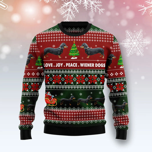 Dachshund Love Joy Peace mná &amp; fir unisex, lánúin ag meaitseáil, cairde, teaghlaigh greannmhar bronntanais geansaí gránna saoire na Nollag , geansaí gránna Nollag