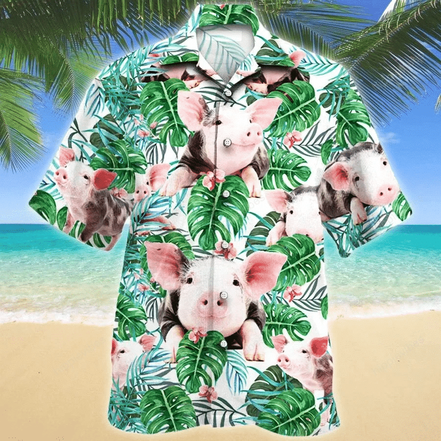 Tropical Cute Pig With Green Leaf Hawaiian Shirt,Hawaiian Shirt Gift, Christmas Gift