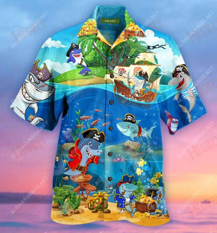 Amazing Pirate Sharks Unisex Short Sleeve Shirt Summer Hawaiian T Shirts Best Hawaiian Shirts Hawaiian Shirts For Men, Hawaiian Shirt Gift, Christmas Gift