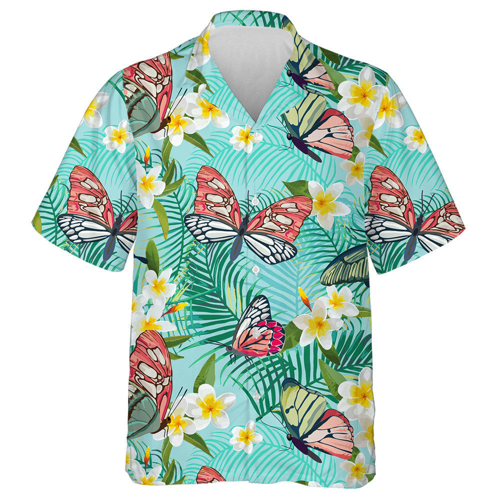 Spring Theme Tropical Plumeria And Butterfly Hawaiian Shirt,Hawaiian Shirt Gift, Christmas Gift