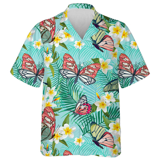 Spring Theme Tropical Plumeria And Butterfly Hawaiian Shirt,Hawaiian Shirt Gift, Christmas Gift
