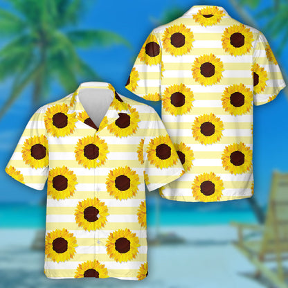 Bláth Ceann Síl Lus na Gréine Ar Patrún Buí Striped Léine Haváís, Bronntanas Léine Haváís, Bronntanas Nollag