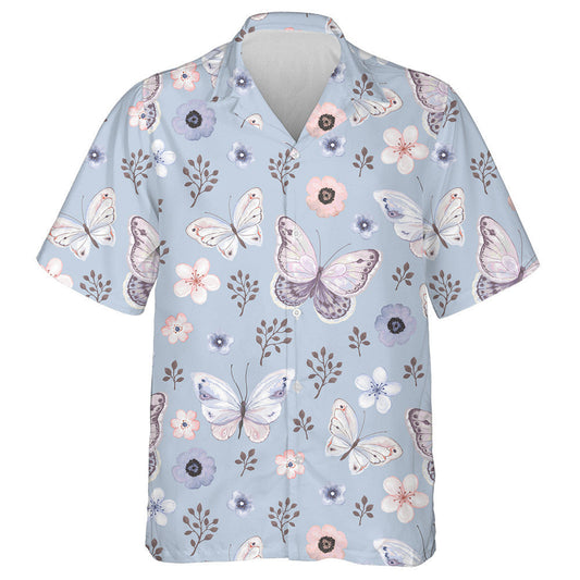 Flying Butterflies And Flowers In Blue Hawaiian Shirt,Hawaiian Shirt Gift, Christmas Gift