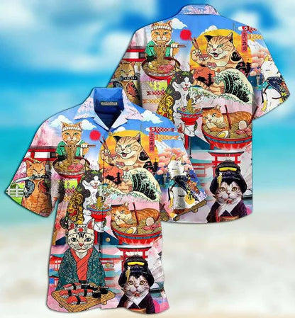 Cats Samurai With Ramen Japanese Culture Hawaiian Shirt, Hawaiian For Gift