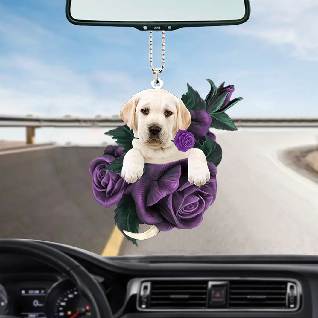 Labrador Retriever In Purple Rose Car Hanging Ornament, Best Car Ornament, Christmas Decoration