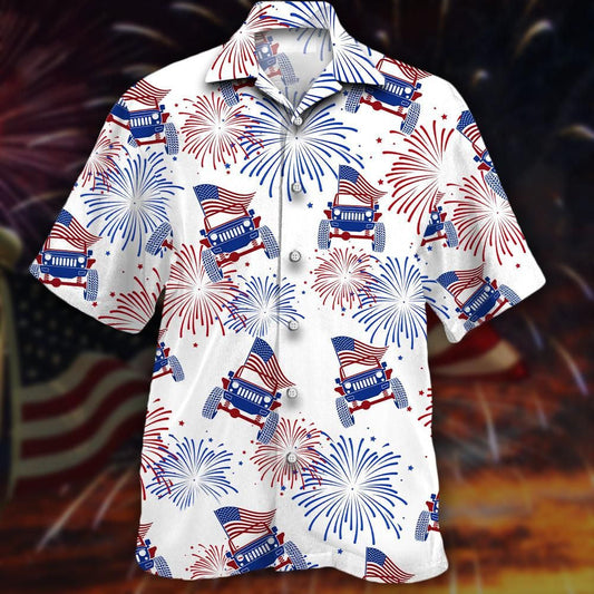 Flag Jeeps And Fireworks Beautiful Design Hawaiian Shirt,Hawaiian Shirt Gift, Christmas Gift